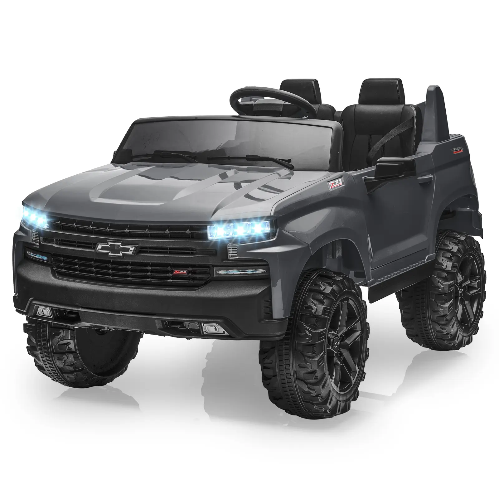【Christmas Gift】Gray 24V 2 Seater Licensed Chevrolet Silverado Ride On Car With Dual 90W Motors Remote Control Two Speed Reverse Function Safety Belts Led Headlights And Engine Sounds For Kids Age 3 To 8 Gray