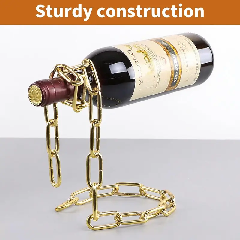Suggestion Modern Floating Steel Link Chain Wine Bottle Holder Gold Unique Levitating Stand for Home Bar Kitchen Party Deco Stylish Utensils Rack