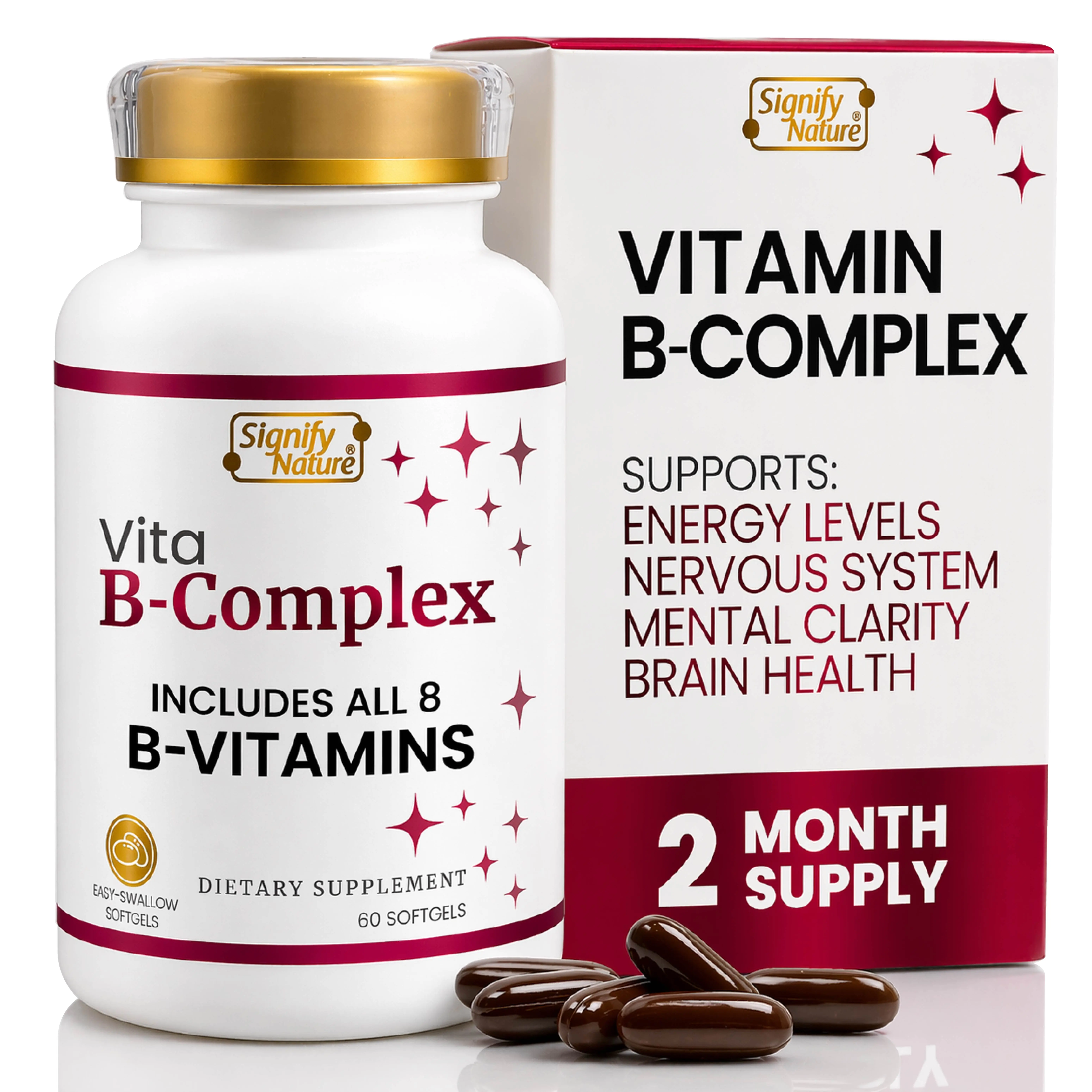 SIGNIFY NATURE VitaBComplex with all 8 B Complex Vitamins for Women & Men, BComplex Supplements, VIT B1, B2, B3, B5, B6, B8, B9, B12, Super B Softgels - 60 CT