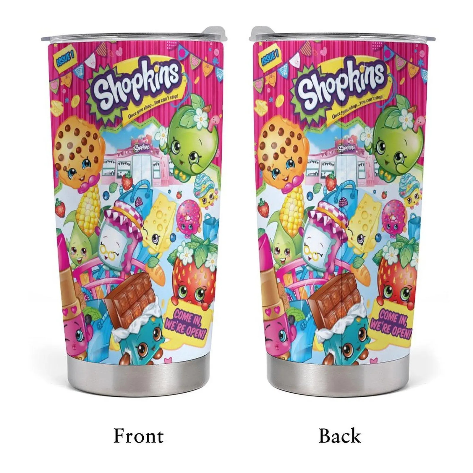 20oz Stainless Steel Tumbler, 1 Count Shopkins Pattern Insulated Water Bottle, Stainless Steel Thermos, Stainless Steel Flask, Drinking Cup for Home Office School, Boyfriend Gift, Drinkware, Summer Co