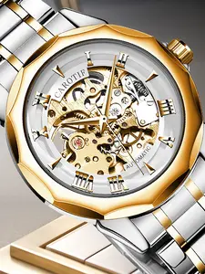 Men's Silver Color Mechanical Watch, Transparent Hollow Core, Roman Numerals, Stainless Steel Strap, Calendar Display, Gift for Husband Boyfriend, Automatic Watches, Skeleton Watches
