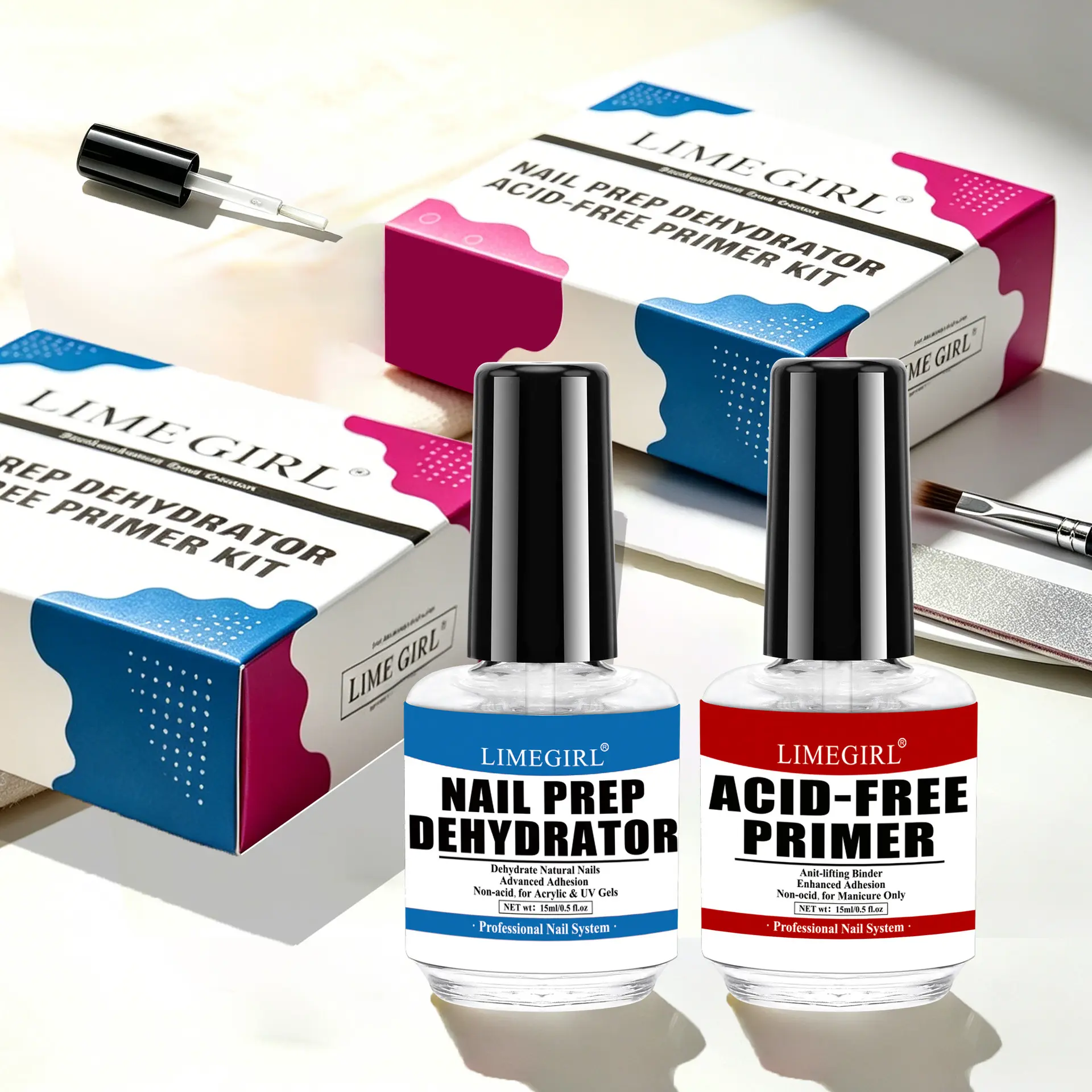 Professional 4-in-1 Nail Prep & Bond Set - Dehydrator, Balance Liquid, Acid-Free Primer & Long-Lasting Reinforcement Base Coat for Gel Nails (15ml/Bottle)