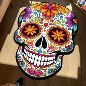 Halloween Floral Skull Print Carpet, Soft Decorative Rug for Living Room Bedroom Balcony, Large Area Sofa Coffee Table Mat, Flower Pattern Rugs