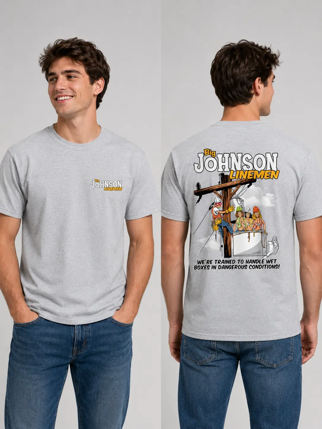 Big Johnson Linemen T-Shirt, We’re Trained to Handle Wet Boxes Funny Electrician Tee, Humorous Utility Worker Style Shirt for Men, Comical Construction Outfit, 2 Sides
