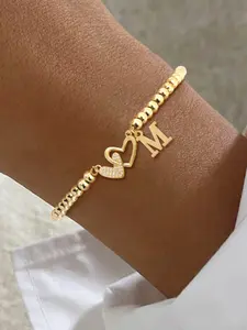 Elegant Letter Initial Hollow Heart Women's Bracelet, Adjustable Chain, Casual Fashion Personalized Jewelry Gift for All Seasons