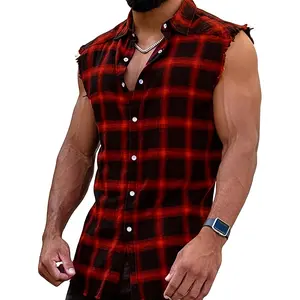 Men'S Casual Flannel Checkered Sleeveless Shirt with Frayed Design at The Cuffs And Hem, Featuring a Classic Check Pattern And a Single Row of Four Snap Buttons, Perfect And Beach Vacation Wear