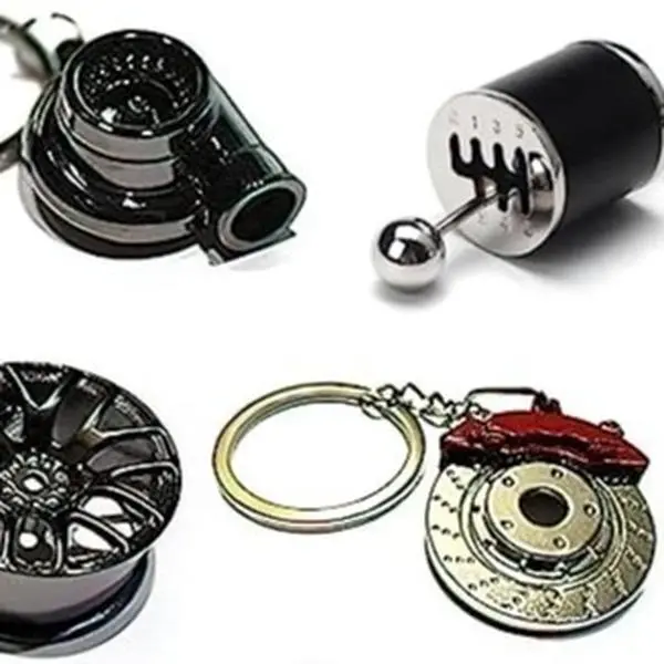 5-Piece Auto Parts Metal Keychain Set - Spinning Turbo, 6-Speed Manual Gearbox, Wheel Tire Rim, Red Brake Rotor, Silver Wrench Keychains for Car Enthusiasts