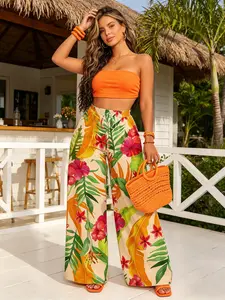 Tropical Banana Leaf Hibiscus Print Wide Leg Pants, Drawstring High Waist Loose Fit Casual Bohemian Boho Trousers, Beach Vacation Flowy Long Pants