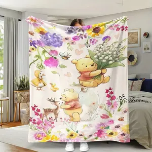 Cozy Bear Winnie Watercolor Floral Blanket, Perfect for Relaxing Nights & Soft Scenes, Ideal Gift for Valentine's Day, Birthdays, Holidays