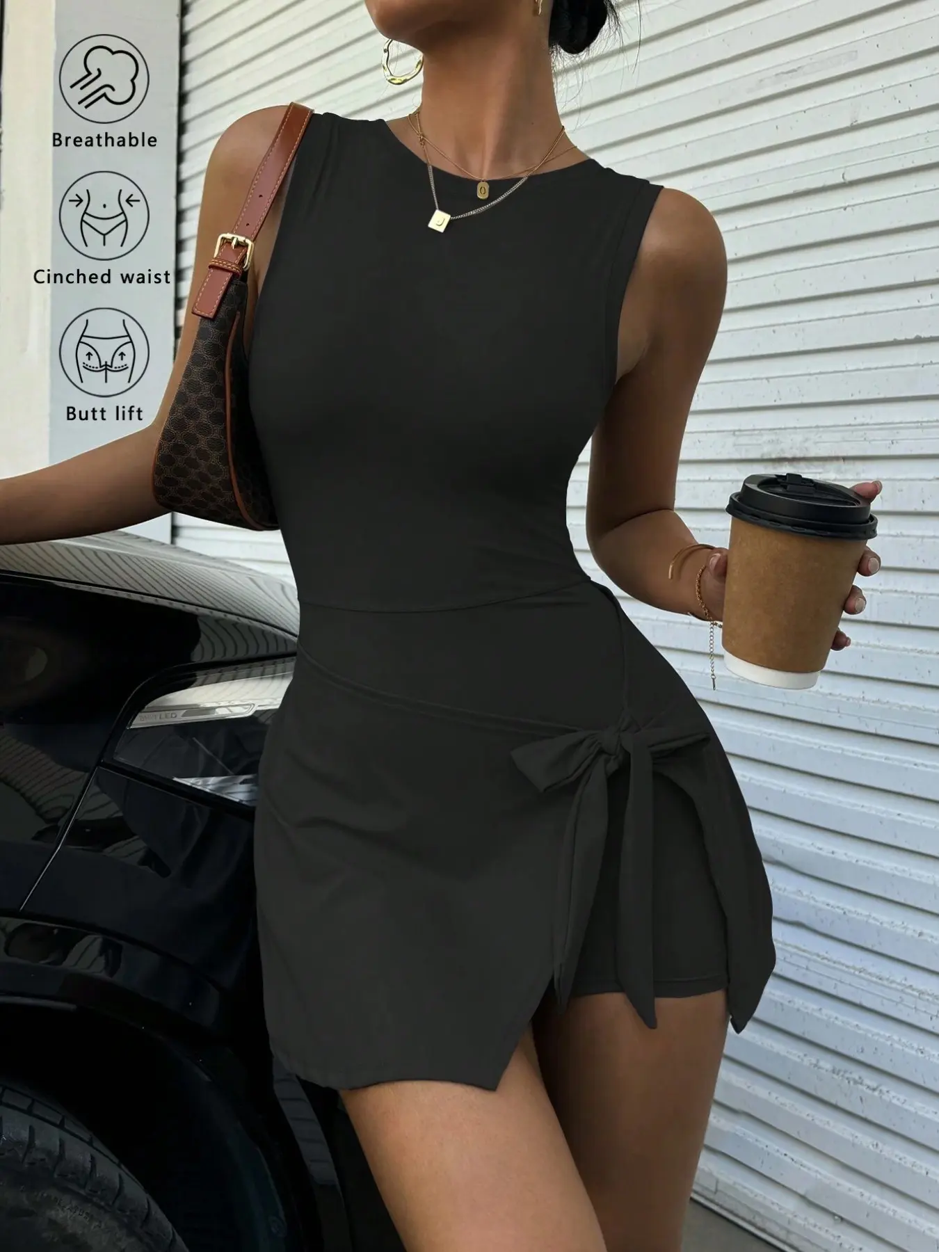 SF Fish Clothing Women's Slim-Fitting Round Neck Dress, Womenswear, Side Tie Knot Design Adjustable, Backless Casual Summer, Perfect for Outdoor & Indoor Activities