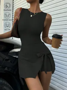 SF Fish Clothing Women's Slim-Fitting Round Neck Dress, Womenswear, Side Tie Knot Design Adjustable, Backless Casual Summer, Perfect for Outdoor & Indoor Activities