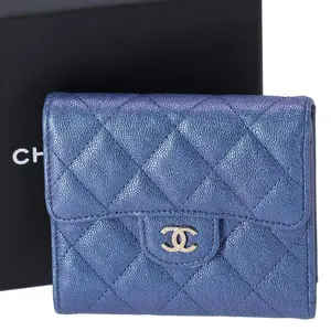 Pre-owned CHANEL Leather Small Leather Goods Wallet Blue Solid Classic Iridescent Blue Caviar Leather