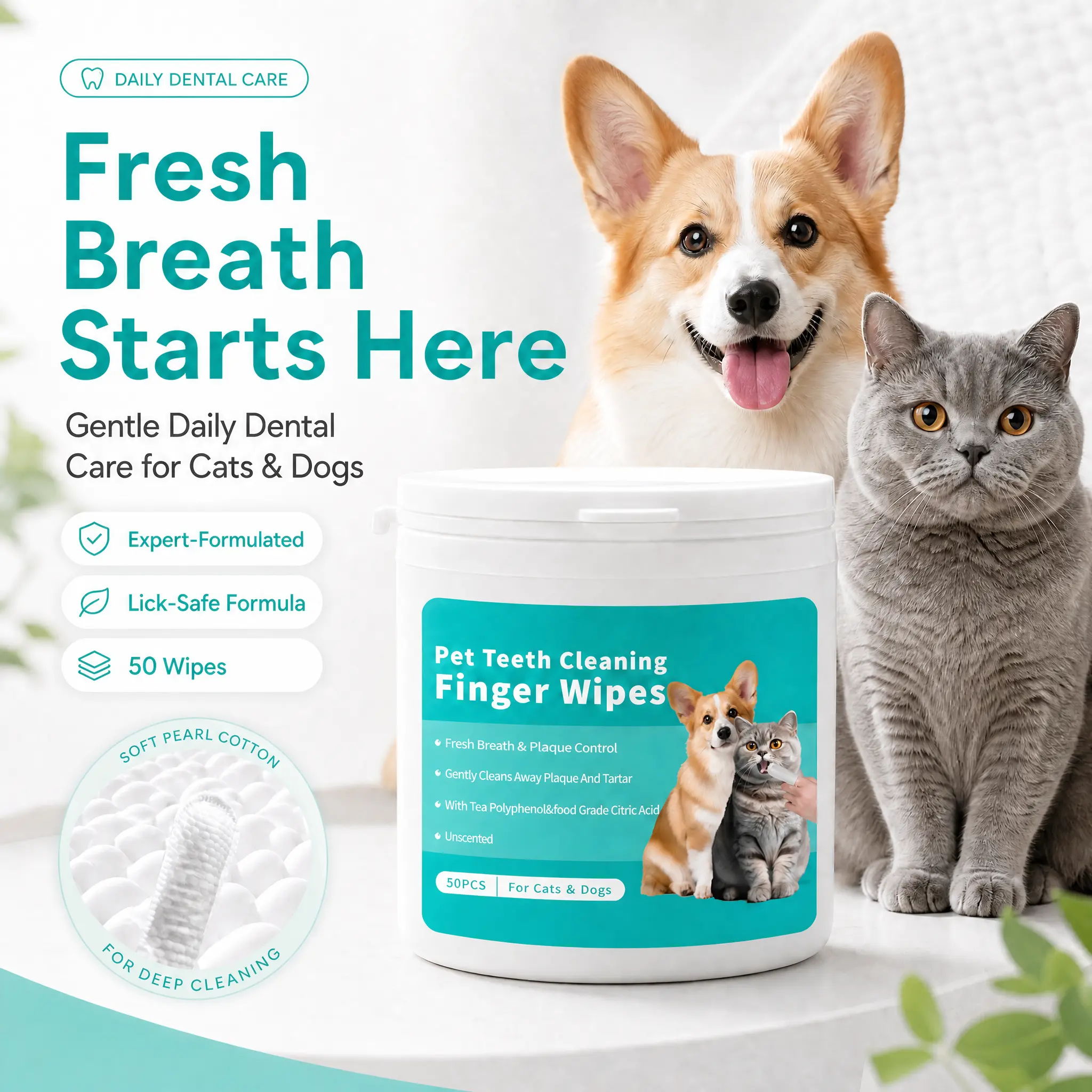 Pet Parents 50ct Dog & Cat Dental Finger Sleeve Wipes - Gentle Disposable Grooming Aid with Brushlike Scrub, Fresh Breath, No-Rinsing Oral Care, Universal Fit (Single Jar)