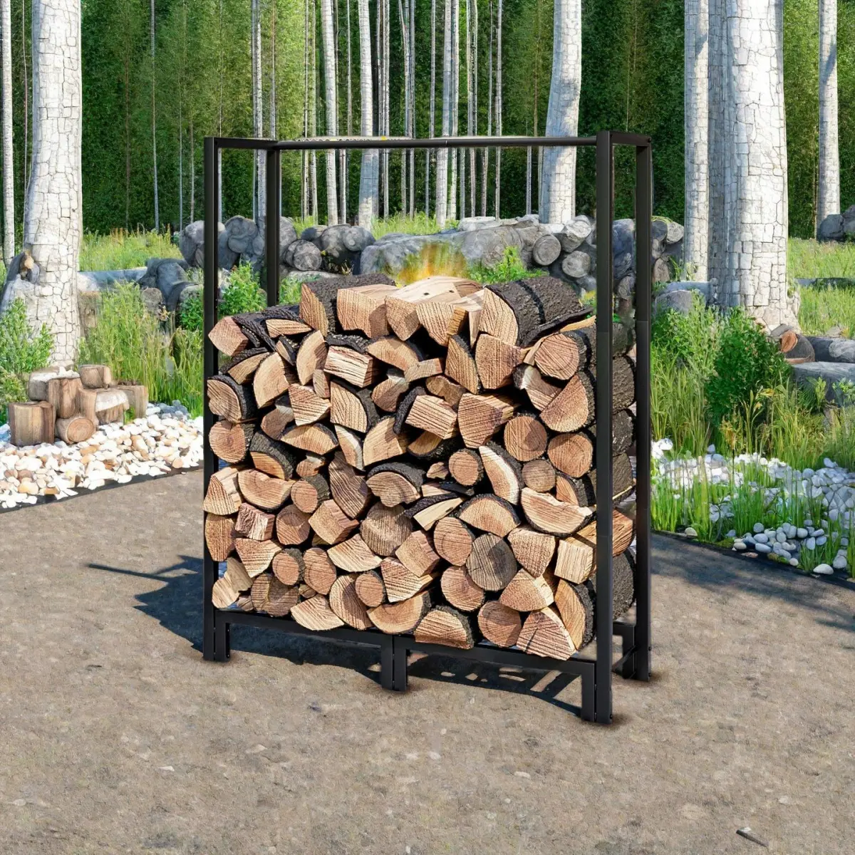 Heavy-Duty Iron Metal Log Holder - 4ft Rectangle Firewood Rack, 30.51in Wide 41.34in High, Floor Mount, Assembly Required, Indoor/Outdoor Log Storage Fireplace Wood Organizer