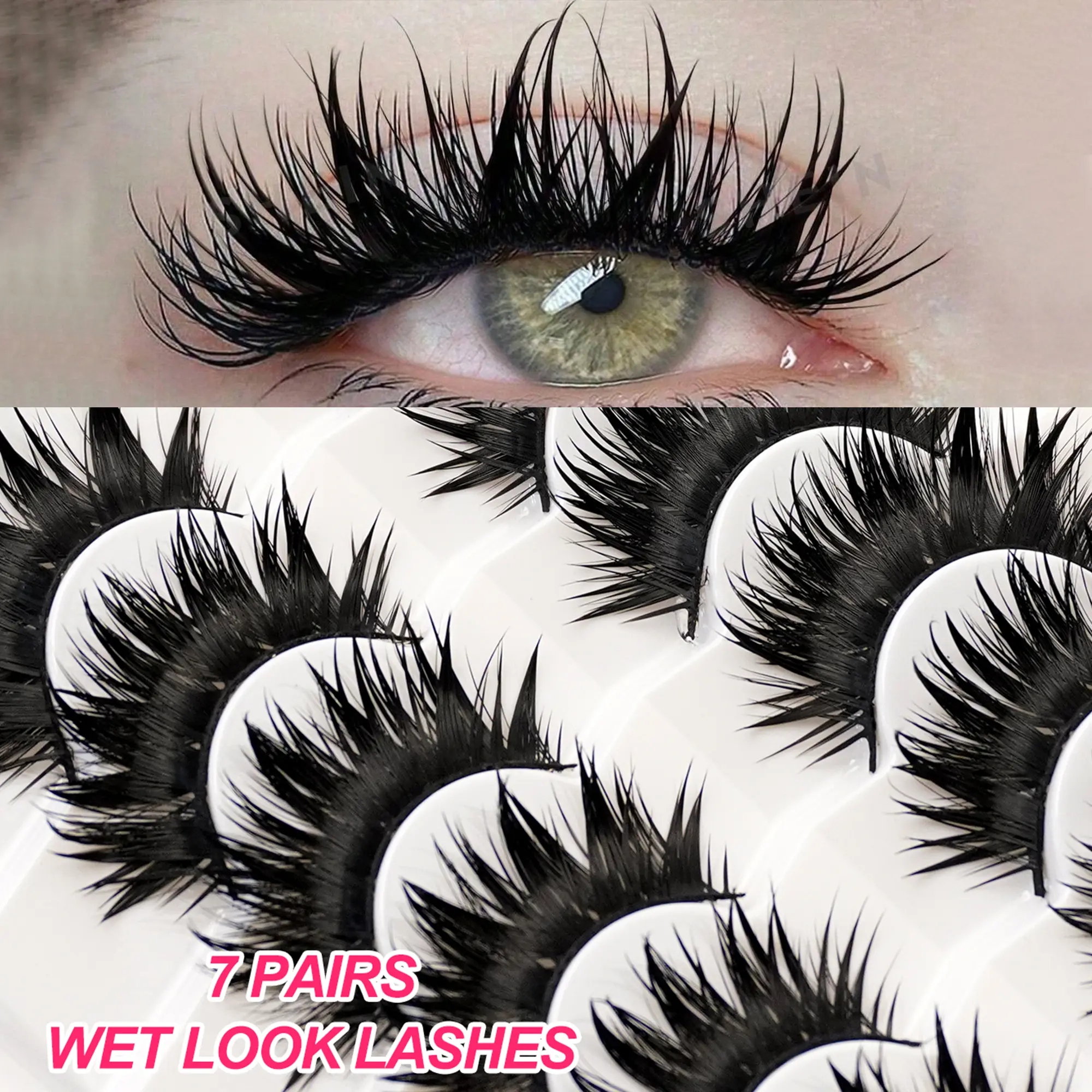3D Dense Wet Lashes, 7 Pairs False Eyelashes, Fluffy Realistic Cluster Lashes, Natural Curl Eye Makeup, Voluminous Women's Fake Lashes, Natural Look Lashes, Volume Fluffy Lashes