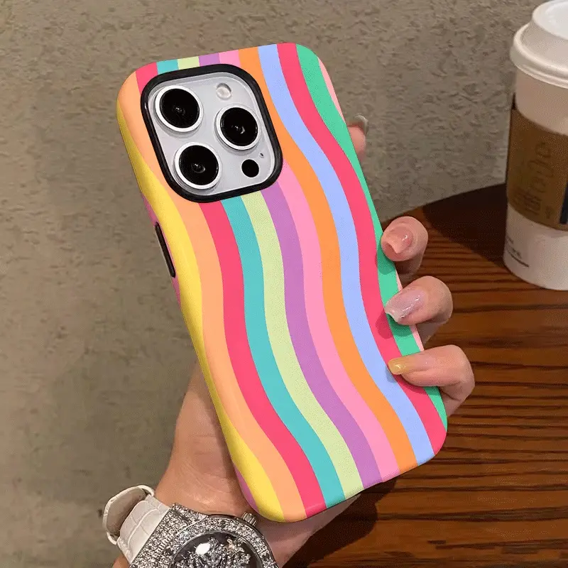 Colorful Wavy Stripe Dual-Layer Protective Case — A Sturdy and Durable 2-in-1 Case Compatible with iPhone 17/16/15/14/13/12/11 Pro Max/Plus/Pro and Samsung Galaxy S25/S24/S23 Ultra Series — A Stylish and Minimalist Phone Case, Accessories, Smartphone