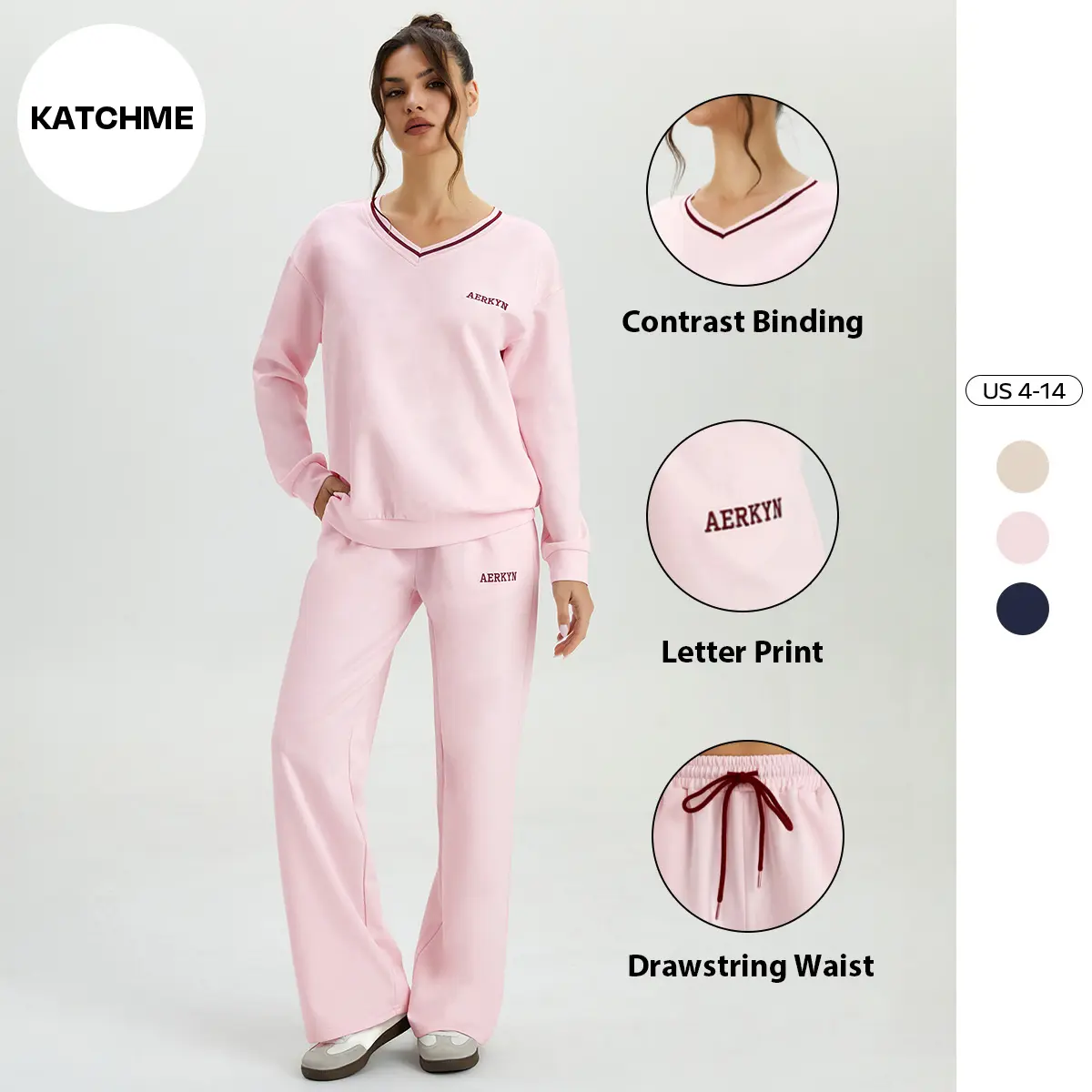 KatchMe Women's Basic Contrast Binding V-Neck Long Sleeve Sweatshirt & Drawstring Waist Wide Leg Trousers Co-ord, Minimalist Soft Tracksuit