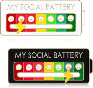 2Pcs Social Battery Slider Pin, Funny Social Battery Pin for 7 Days, My Social Battery Slider Pins for Work, Cute Expression Mood Pins for Introverts Interactive