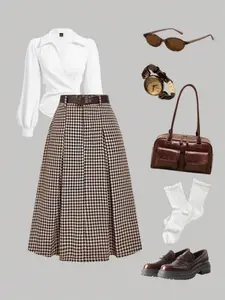British-style loose, figure-flattering and slim-fit A-line skirt, comfortable fabric with houndstooth pattern, belted design, retro and versatile. Suitable for daily commute and any occasion.