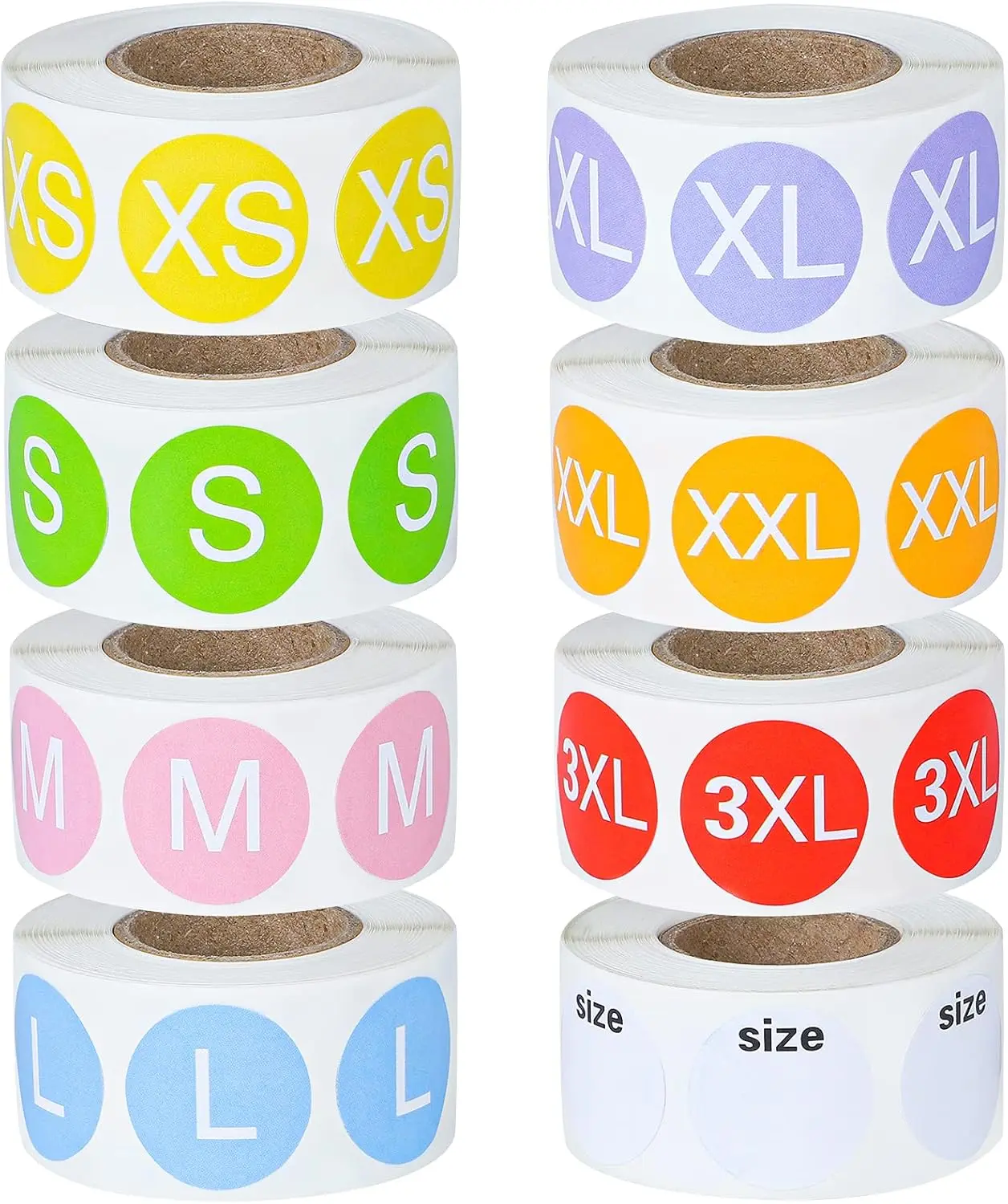4000 count Clothing Size Sticker Labels Round Color Stickers with Black Text 8 Rolls 7 Sizes and One Roll Blank Size Stickers