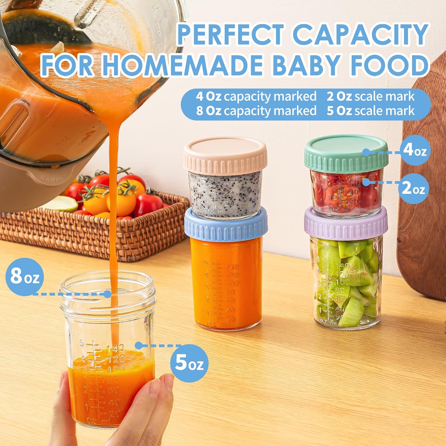 6 Pack 4oz Glass Baby Food Storage Containers with Lids, Leakproof BPA Free Baby Food Jars, Microwave Dishwasher Freezer Safe, Reusable