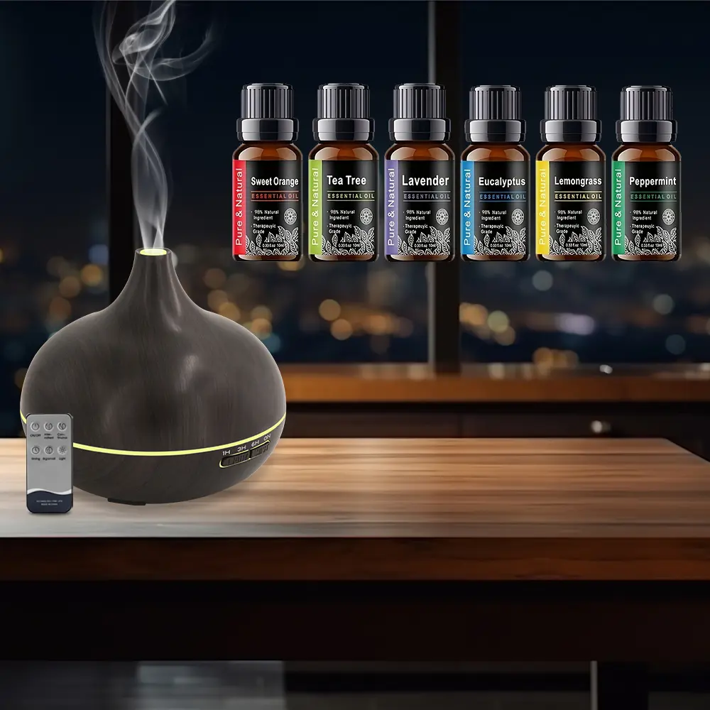 550ml Elegant Wood Grain Ultrasound Cool Mist Humidifier - Scented Aroma Diffuser Set, Remote Control, 7 Color LED Lights, 6 Essential Oils, Adjustable Fragrance Freshener, Essential Oil Compatible for Home Bedroom, Ideal Gift