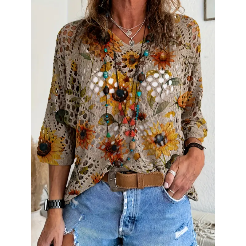 Present Spring And Summer V-Neck Diamond Sunflower Printed Hollow Batwing Sleeve Slightly Stretchy Sheer Women'S Knit Cardigan, Featuring a Bohemian Vacation Style, Perfect for Casual Elegance And Commuting.