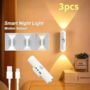 【3Pcs LED Motion Sensor Step Lights】Rechargeable 3-Color LED Sensing Lights, Dual-Head Night Lights with Adjustable 3-Color Illumination, Magnetic Step Lights for Living Room, Corridor, Entryways, Bedside, Tables, And Closets