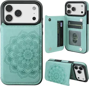 Mandala Embossed PU Leather Wallet Phone Case for iPhone 17 16 15 14 13 12mini 11 XS XSMAX 5/ 6 7/8PLUS , Flip Card Holder Shockproof Protective Cover Women's Flower Magnetic Button Wallet Case with Card Holder - Protective Casing