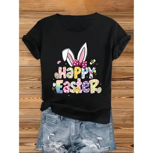 Women's Spring Easter Bunny and Chicks Print Short Sleeve Crew Neck Comfortable Top for Casually Stylish Outfits Featuring Egg Patterns and Easy Care
