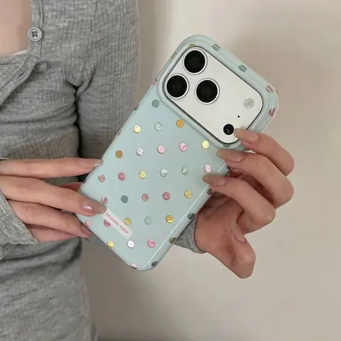 Double Layer Milk Blue Colorful Polka Dot Protective Shockproof Case, Shockproof Back Cover for Apple iPhone 17 Pro Max, iPhone 16 Pro Max, iPhone 15 Pro Max, iPhone 14 Pro, Creative Fashion Phone Case Cover Accessories