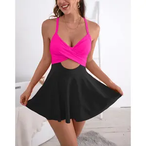 Women Cutout One Piece Skirt Swimsuit V Neck Wrap Tie Back Swimdress Tummy Control Bathing Suits High Rise Swimwear High Waist Swimwsuit