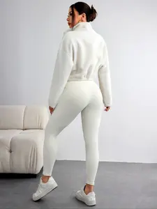 Women's Solid Zip Up Crop Pullover & Tank Top & Legging Three-piece Set, Casual Sporty Outfits for Yoga Gym Workout Running, Women's Sportswear for Fall & Winter, Gym Workout Clothes