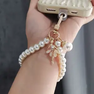 New fashionable women's short phone strap wrist strap, beige butterfly phone strap with bag decoration gift Cell Phone Charm