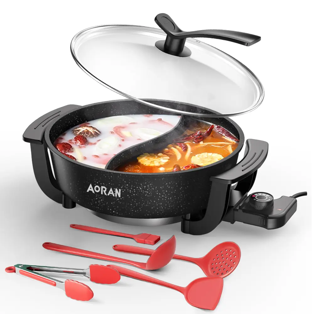 AORAN Hot Pot Electric with Divider, 4L Electric Shabu Shabu with Dual-Flavor Pot,3.7" Depth Nonstick Dual Side Electric Pot with Multi-Power Control for Party, Family and Friend Gathering hmart hotpot kit