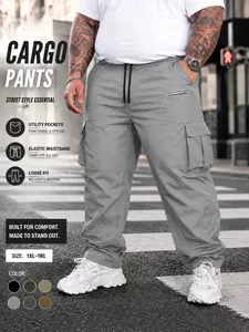 Large Size Men's Plain Slim-Fit Cargo Pants, Multi-Pocket Design, Casual Fit, Suitable for Commuting and Sports Training, Versatile Outdoor Wear