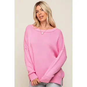 Pink Exposed Seam Side Slit Sweater