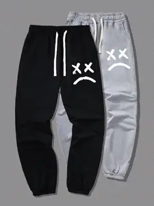 Men's Cartoon Face Print Drawstring Waist Sweatpants, Casual Loose Pocket Jogger Pants for Summer, Men's Trousers for Daily Wear