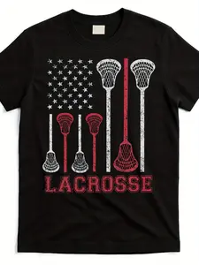Men's & Women's Lacrosse T-Shirt - American Flag LAX Design, 220gsm Pure Cotton Retro Style Short Sleeve Shirt with Lacrosse Sticks & Crosse (for unisex) - Machine Washable Casual Apparel