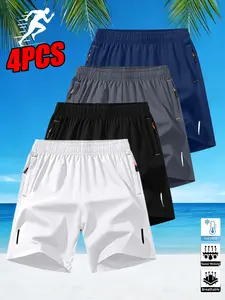 Men’s 4-piece shorts set for sports, fitness, and swimming; quick-drying, casual, breathable drawstring shorts with zippered side pockets; made from breathable polyester/spandex blend.