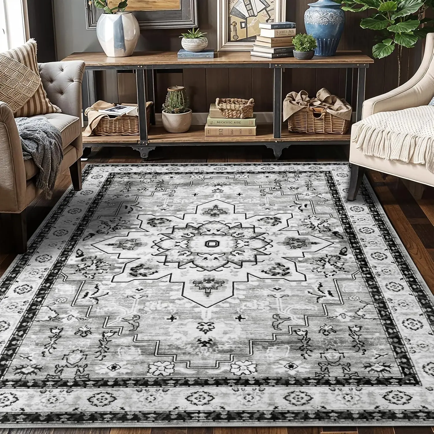Ultra Soft Washable Area Rug Non Slip Backing Low Pile Faux Wool Carpet Stain Resistant Modern Indoor Rug for Living Room Bedroom Kids Pet Friendly