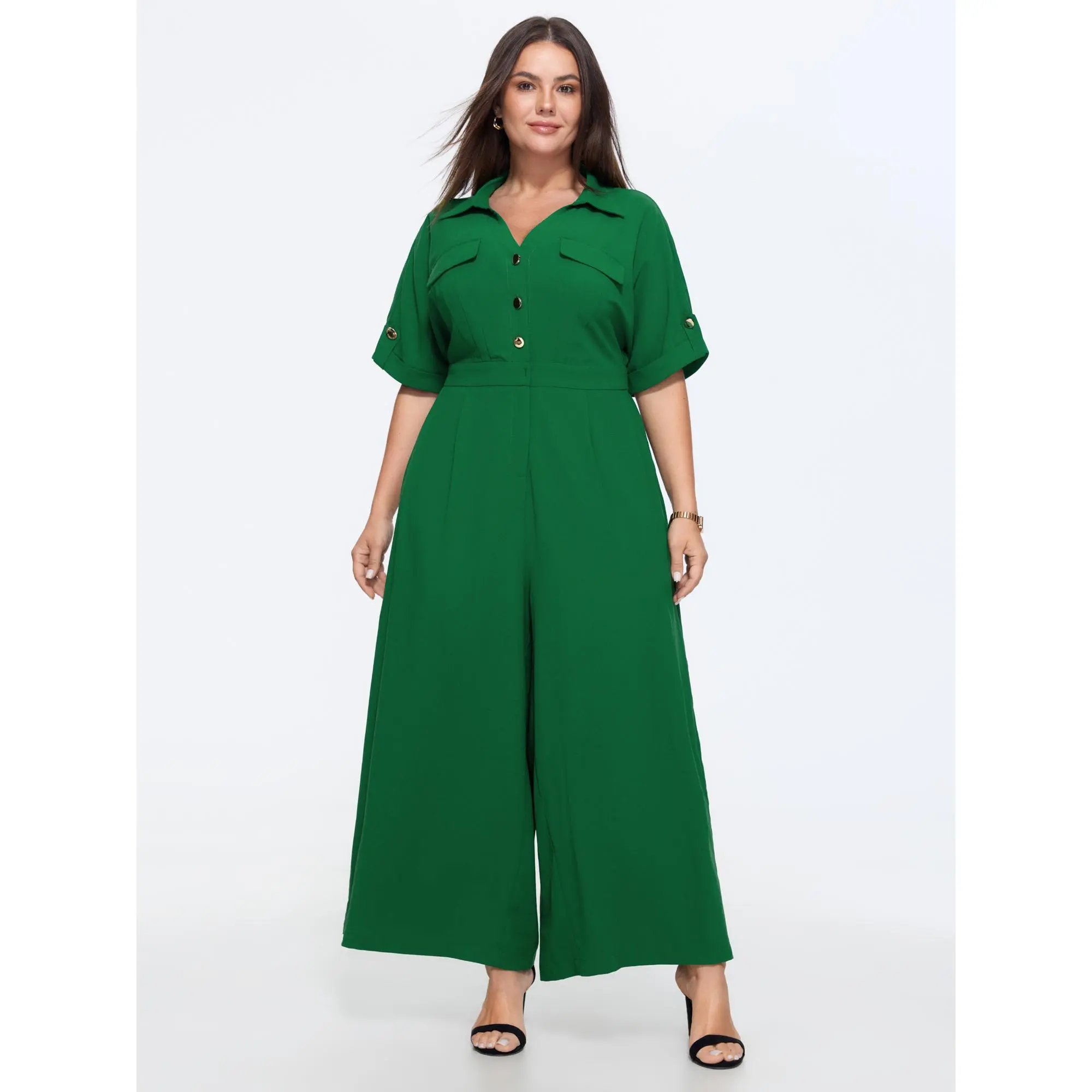 BloomChic Plus Size Smocked Button Placket Wide-Leg Jumpsuit, Solid Polyester Office Overalls Garment with Pockets, Smooth, Fit, Fabric, Low Iron, Business, Side Pockets, Basic, Do Not Tumble Dry