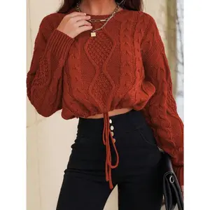 Women's Plain Drawstring Drop Shoulder Cable Knit Crop Sweater, Casual Fit Long Sleeve Round Neck Jumper for Fall & Winter, Sweaters for Women, Fashion Ladies' Knitwear for Daily Wear