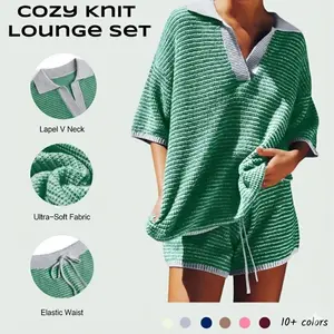 Imily Bela Womens Sweater Set 2 Piece Outfits Oversized 3/4 Sleeve V Neck Knit Tops High Waisted Shorts Lounge Sets M7D545