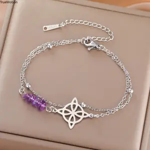 Skyrim Purple Crystal Witch Knot Bracelet - Stainless Steel, Double-Layer Bead Chain, Gothic Witchy Amulet Jewelry Gift