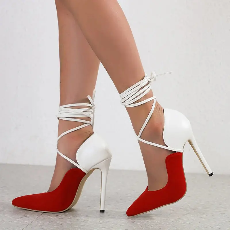New Style White Red Mixed Color Women Pumps Sexy Pointed Toe Strappy Heels Party Wedding Shoes Stiletto Mules Sandals Lady