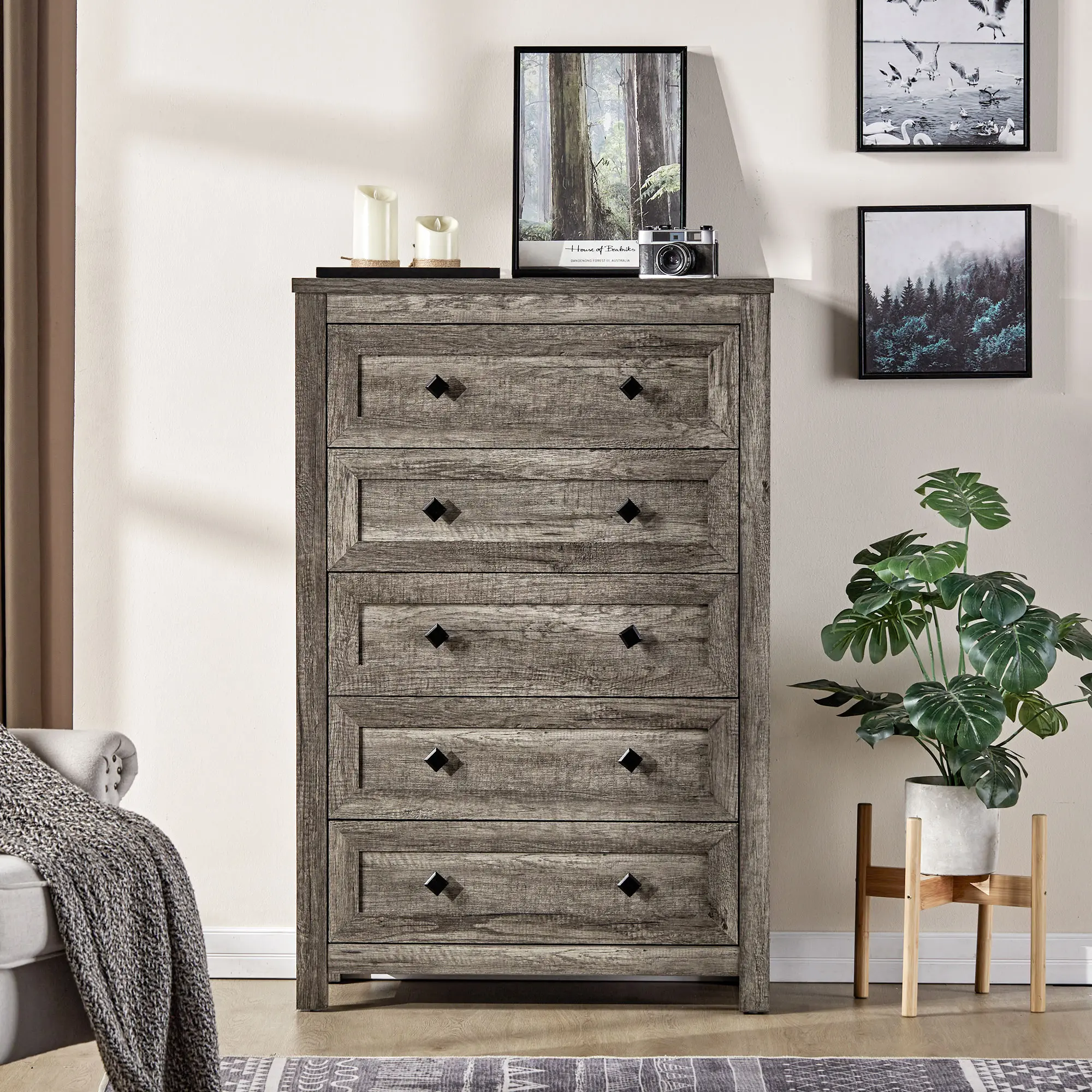 [SummerSale] AMERLIFE 5 Drawers Dresser for Bedroom, Tall Chest of Drawers with Vintage Grain Texture, Farmhouse Wood Dresser for Bedroom, Living Room, Hallway