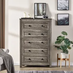 AMERLIFE 5 Drawers Dresser for Bedroom, Tall Chest of Drawers with Vintage Grain Texture, Farmhouse Wood Dresser for Bedroom, Living Room, Hallway