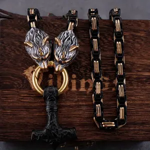 1pc Men's Retro Viking Theme Chain Jewelry Necklace - Wolf Head, Nordic Viking Hammer Amulet, Stainless Steel & Alloy Metal, Emperor-Inspired Dominant Jewelry - Father’s Day Gift, Chain Jewelry Necklaces