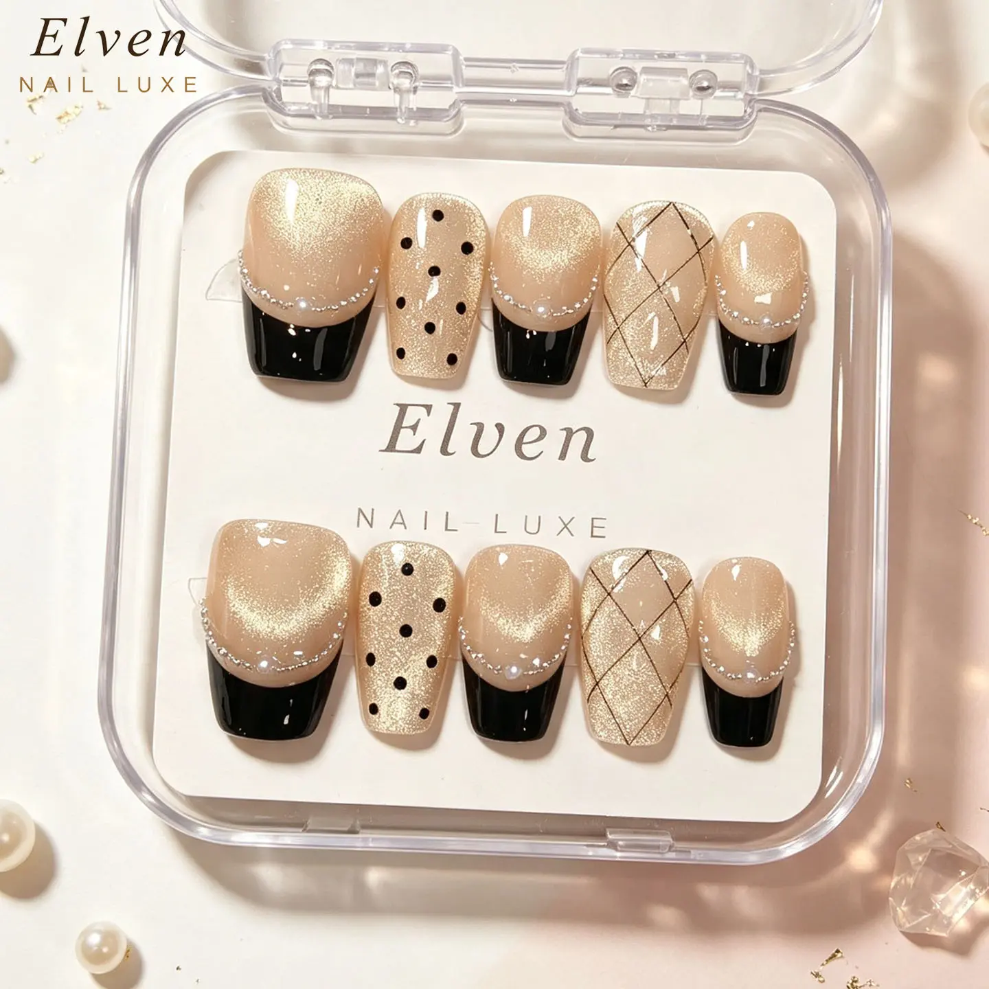 Handmade Champagne Gold Cat Eye Press On Nails - Black French Tip with Polka Dot & Grid, Short Coffin Reusable Fake Nails with Pearl Decor, Salon Quality